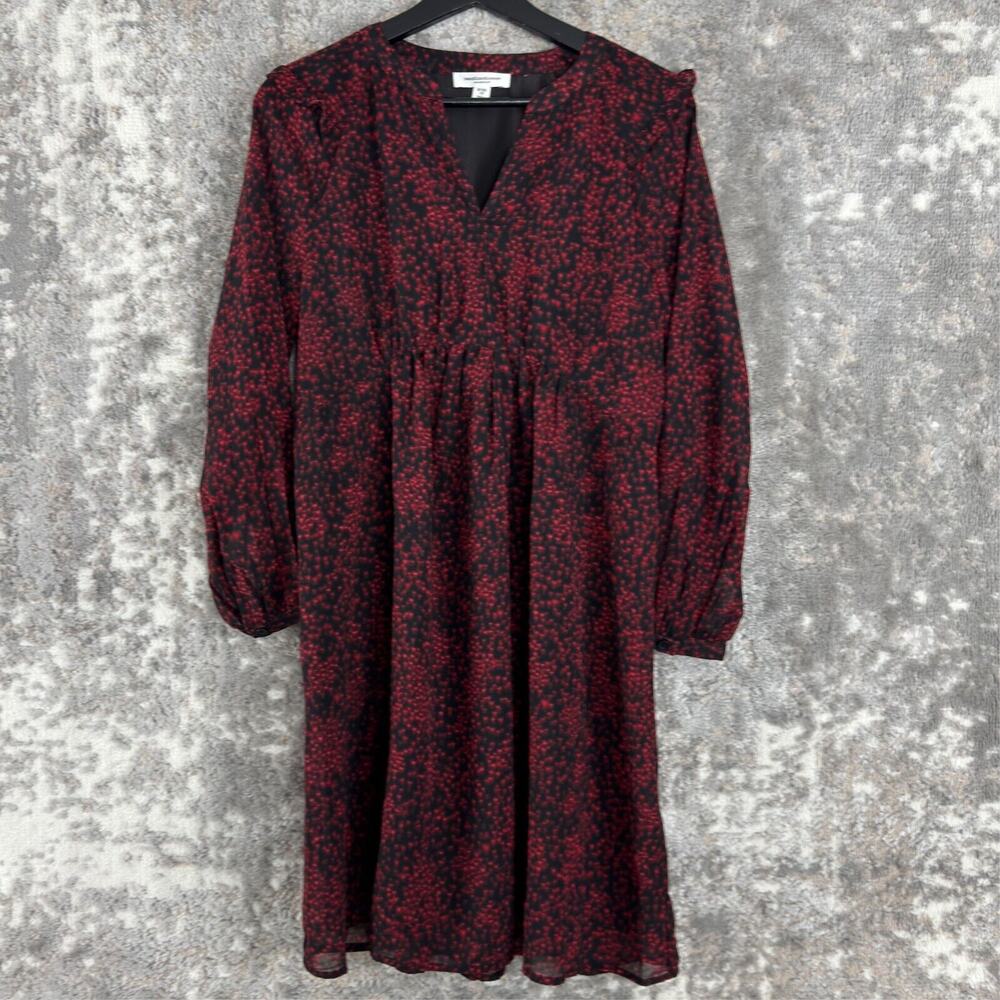 Beach Lunch Lounge Sz XS Abstract V Neck Semi Sheer Knee Length Dress Red‎ Black